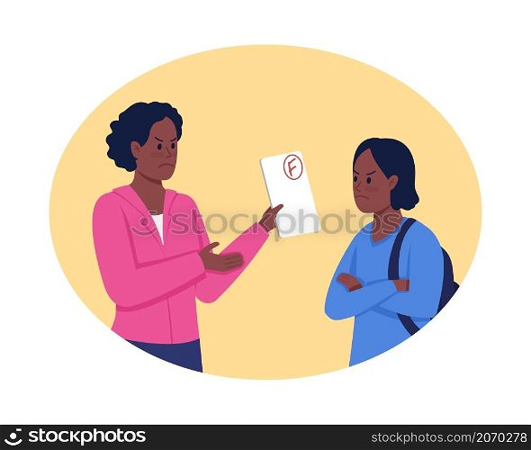 Scolding for poor grades 2D vector isolated illustration. Mom showing negative reaction to teen daughter flat characters on cartoon background. Parent kid conflict situation colourful scene. Scolding for poor grades 2D vector isolated illustration