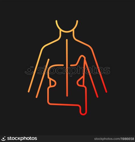 Scoliosis brace gradient vector icon for dark theme. Spine curvature correction. Backbone orthosis. Spinal treatment. Thin line color symbol. Modern style pictogram. Vector isolated outline drawing. Scoliosis brace gradient vector icon for dark theme