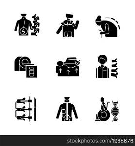 Scoliosis causes black glyph icons set on white space. Spine disorder and disease. Spinal column surgical operation and correction. Vertebral medicine. Silhouette symbols. Vector isolated illustration. Scoliosis causes black glyph icons set on white space