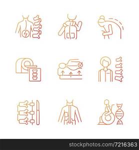 Scoliosis causes gradient linear vector icons set. Spine disorder. Spinal column surgical correction. Vertebral medicine. Thin line contour symbols bundle. Isolated outline illustrations collection. Scoliosis causes gradient linear vector icons set