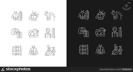 Scoliosis causes linear icons set for dark and light mode. Spine disorder. Spinal column surgical correction. Customizable thin line symbols. Isolated vector outline illustrations. Editable stroke. Scoliosis causes linear icons set for dark and light mode