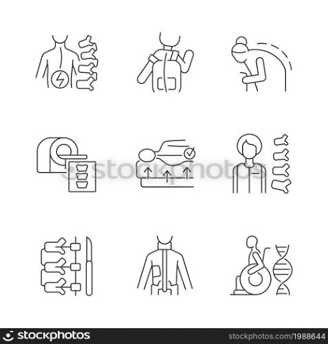 Scoliosis causes linear icons set. Spine disease. Spinal column surgical operation. Vertebral medicine. Customizable thin line contour symbols. Isolated vector outline illustrations. Editable stroke. Scoliosis causes linear icons set