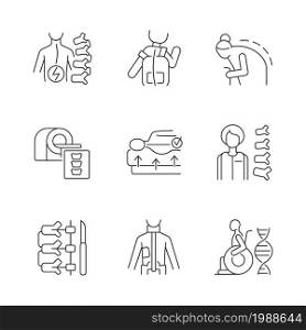 Scoliosis causes linear icons set. Spine disease. Spinal column surgical operation. Vertebral medicine. Customizable thin line contour symbols. Isolated vector outline illustrations. Editable stroke. Scoliosis causes linear icons set