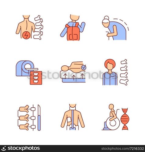 Scoliosis causes RGB color icons set. Spine disorders and diseases. Spinal column surgical correction. Isolated vector illustrations. Simple filled line drawings collection. Editable stroke. Scoliosis causes RGB color icons set