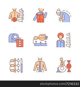 Scoliosis causes RGB color icons set. Spine disorders and diseases. Spinal column surgical correction. Isolated vector illustrations. Simple filled line drawings collection. Editable stroke. Scoliosis causes RGB color icons set