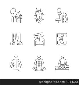 Scoliosis diagnosis and treatment linear icons set. Spinal problems. Spine correction exercises. Customizable thin line contour symbols. Isolated vector outline illustrations. Editable stroke. Scoliosis diagnosis and treatment linear icons set