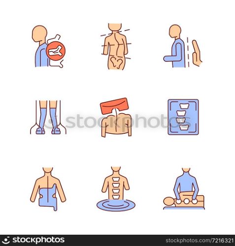 Scoliosis diagnosis and treatment RGB color icons set. Spinal problems. Medical examination. Backbone correction. Isolated vector illustrations. Simple filled line drawings collection. Editable stroke. Scoliosis diagnosis and treatment RGB color icons set