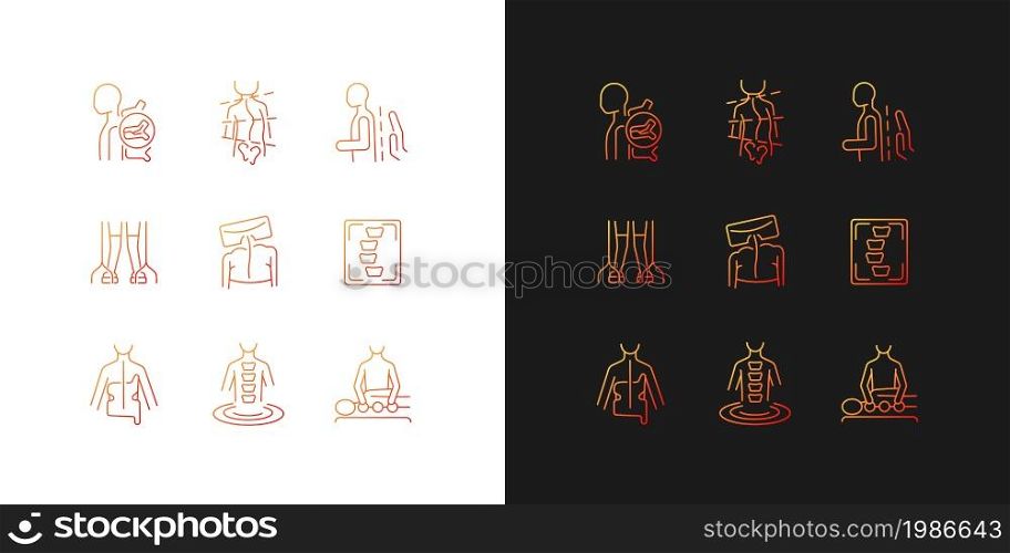 Scoliosis diagnostics gradient icons set for dark and light mode. Spinal bones problems. Thin line contour symbols bundle. Isolated vector outline illustrations collection on black and white. Scoliosis diagnostics gradient icons set for dark and light mode