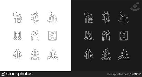Scoliosis diagnostics linear icons set for dark and light mode. Spinal bones problems. Correction methods. Customizable thin line symbols. Isolated vector outline illustrations. Editable stroke. Scoliosis diagnostics linear icons set for dark and light mode