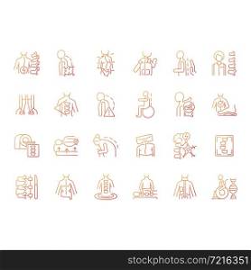 Scoliosis gradient linear vector icons set. Scoliosis stages and types. Physical disabilities. Spinal bones deformation. Thin line contour symbols bundle. Isolated outline illustrations collection. Scoliosis gradient linear vector icons set
