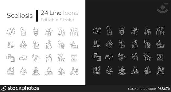Scoliosis linear icons set for dark and light mode. Scoliosis stages and types. Spinal bones deformation. Customizable thin line symbols. Isolated vector outline illustrations. Editable stroke. Scoliosis linear icons set for dark and light mode