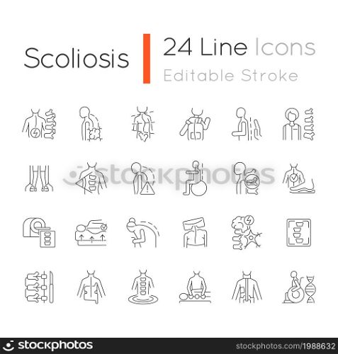 Scoliosis linear icons set. Scoliosis stages and types. Physical disabilities. Spinal bones curvature. Customizable thin line contour symbols. Isolated vector outline illustrations. Editable stroke. Scoliosis linear icons set