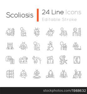Scoliosis linear icons set. Scoliosis stages and types. Physical disabilities. Spinal bones curvature. Customizable thin line contour symbols. Isolated vector outline illustrations. Editable stroke. Scoliosis linear icons set