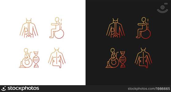 Scoliosis prevention methods gradient icons set for dark and light mode. Spinal curve correction. Thin line contour symbols bundle. Isolated vector outline illustrations collection on black and white. Scoliosis prevention methods gradient icons set for dark and light mode