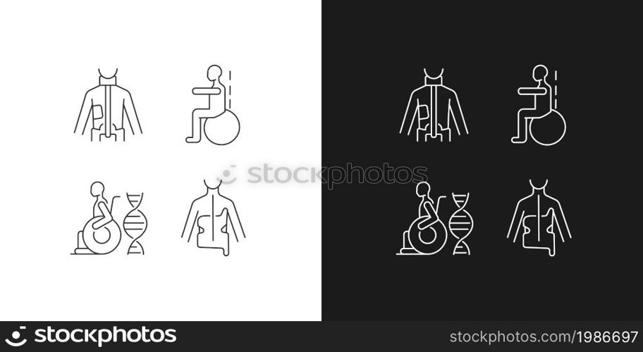 Scoliosis prevention methods linear icons set for dark and light mode. Spinal curvature correction. Customizable thin line symbols. Isolated vector outline illustrations. Editable stroke. Scoliosis prevention methods linear icons set for dark and light mode