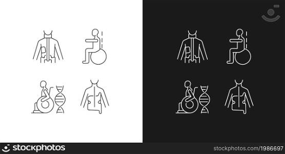 Scoliosis prevention methods linear icons set for dark and light mode. Spinal curvature correction. Customizable thin line symbols. Isolated vector outline illustrations. Editable stroke. Scoliosis prevention methods linear icons set for dark and light mode