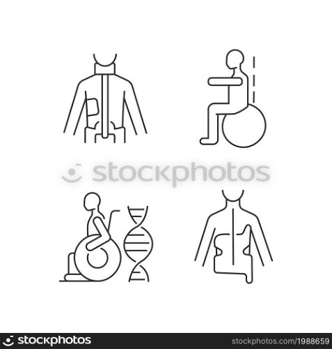 Scoliosis prevention methods linear icons set. Spinal curve correction. Spine gymnastics and exercises. Customizable thin line contour symbols. Isolated vector outline illustrations. Editable stroke. Scoliosis prevention methods linear icons set