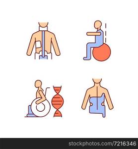 Scoliosis prevention methods RGB color icons set. Spinal curve corrective orthosis. Gymnastics for spine health. Isolated vector illustrations. Simple filled line drawings collection. Editable stroke. Scoliosis prevention methods RGB color icons set