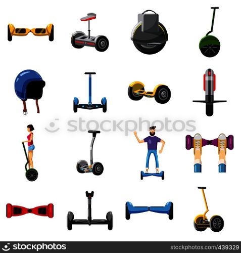 Scooter balance icons set. Cartoon illustration of 16 scooter balance vector icons for web. Scooter balance icons set, cartoon style