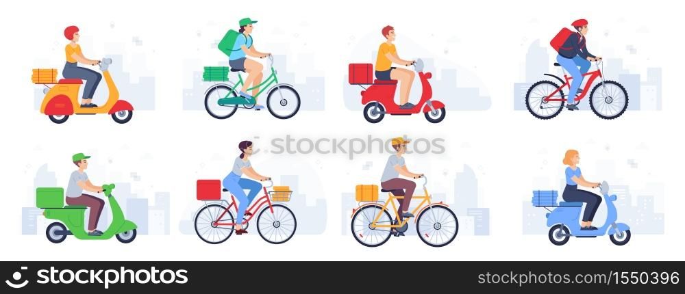 Scooter delivered. Guy courier in helmet on bike carries parcel, fast food. Delivery product with moped in urban landscape vector set. Woman and man characters with backpack, hat on bicycle. Scooter delivered. Guy courier in helmet on bike carries parcel, fast food. Delivery product with moped in urban landscape vector set