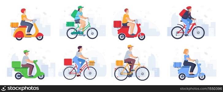 Scooter delivered. Guy courier in helmet on bike carries parcel, fast food. Delivery product with moped in urban landscape vector set. Woman and man characters with backpack, hat on bicycle. Scooter delivered. Guy courier in helmet on bike carries parcel, fast food. Delivery product with moped in urban landscape vector set