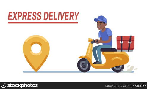 Scooter delivery black boy. Fast courier, motorcycle driver rides on road delivers food, order or parcel to client, express shipping. vector flat style cartoon illustration isolated background. Scooter delivery black boy. Fast courier, motorcycle driver rides on road delivers food, order or parcel to client, vector flat style cartoon illustration isolated background