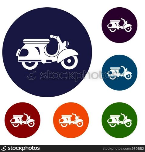 Scooter icons set in flat circle reb, blue and green color for web. Scooter icons set