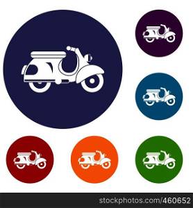 Scooter icons set in flat circle reb, blue and green color for web. Scooter icons set