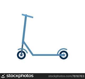 Scooter in blue color, riding urban equipment with wheels, eco transport, side view of bike, balancing modern object, active sign, move symbol vector. Urban Eco Transport, Blue Scooter, Bike Vector