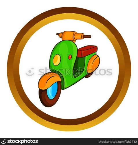 Scooter motorbike vector icon in golden circle, cartoon style isolated on white background. Scooter motorbike vector icon