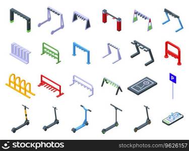 Scooter parking icons set isometric vector. Kick travel. City road. Scooter parking icons set isometric vector. Kick travel