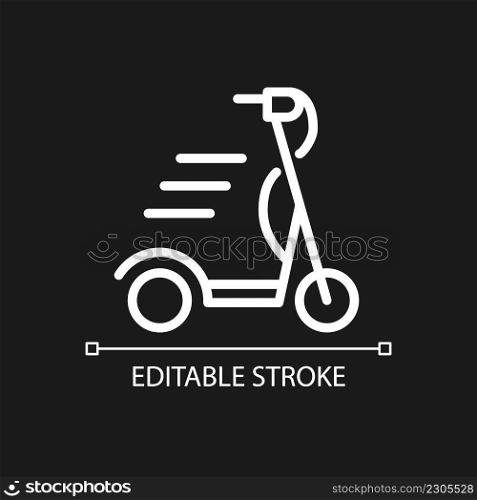 Scooter pixel perfect white linear icon for dark theme. Motorized and electric vehicle. Mobile transport. Thin line illustration. Isolated symbol for night mode. Editable stroke. Arial font used. Scooter pixel perfect white linear icon for dark theme