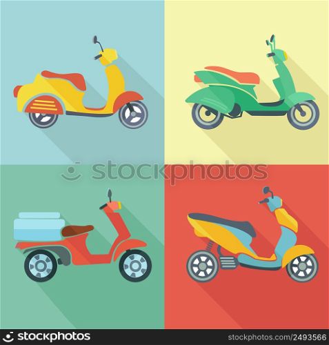 Scooter retro transport vintage motorcycle city travel icon flat set vector illustration