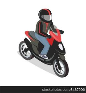 Scooter rider illustration in isometric projection. Picture for city transport, rtaveling concepts, web, applications icons, infographics, logotype design. Isolated on white background. . Scooter Rider Illustration in Isometric Projection.. Scooter Rider Illustration in Isometric Projection.