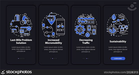 Scooter sharing advantages onboarding mobile app page screen. Sustainability walkthrough 4 steps graphic instructions with concepts. UI, UX, GUI vector template with linear night mode illustrations. Scooter sharing advantages onboarding mobile app page screen