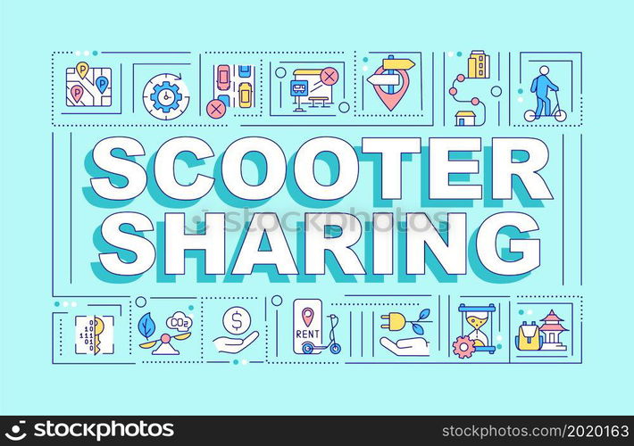 Scooter sharing word concepts banner. Micromobility option. Infographics with linear icons on turquoise background. Isolated creative typography. Vector outline color illustration with text. Scooter sharing word concepts banner