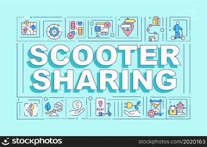 Scooter sharing word concepts banner. Micromobility option. Infographics with linear icons on turquoise background. Isolated creative typography. Vector outline color illustration with text. Scooter sharing word concepts banner