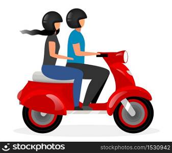 Scooter taxi flat vector illustration. Boyfriend and girlfriend riding motorcycle cartoon character isolated on white background. Couple driving red motorbike. Young boy and girl on moto bike