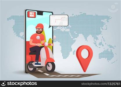Scooter with delivery man flat vector cartoon character. Fast courier. Restaurant food service, mail delivery service, a postal employee the determination of geolocation using electronic device