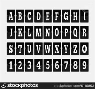 Scoreboard alphabet and set of figures. Letter and alphabet letters, font and numbers, abc typography, board and figure, number panel, information typeset, interface numeral illustration