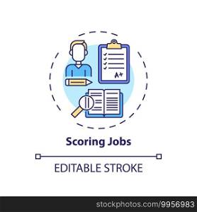 Scoring jobs concept icon. Online teaching jobs types. Giving grades for students knowledge in writing tests idea thin line illustration. Vector isolated outline RGB color drawing. Editable stroke. Scoring jobs concept icon