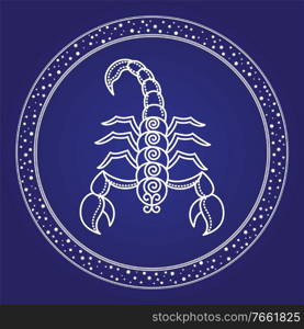 Scorpio constellation horoscope emblem in starry circle. Outline of cosmos scorpion character in round shape isolated on white. Card with astrology zodiacal sign and mythology element vector. Scorpion Emblem Horoscope Zodiac Symbol Vector