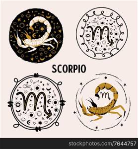 Scorpio. Constellation of Scorpio. A set of round emblems. Vector illustration on a light background.. Sign of the zodiac Scorpio. Constellation of the Scorpion. Vector illustration.