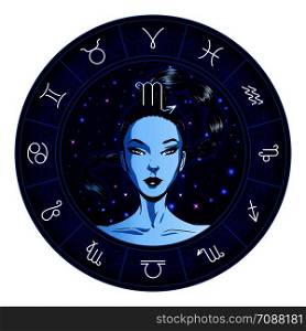 Scorpio zodiac sign artwork, beautiful girl face, horoscope symbol, star sign, vector illustration