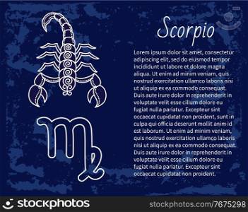 Scorpio zodiac sign decorative design for horoscope. Astrology symbol, isolated icon with scorpion in circle. November and october as ruling months of astrological element. Vector in flat style. Scorpio Zodiac Sign Astrology and Horoscope Vector