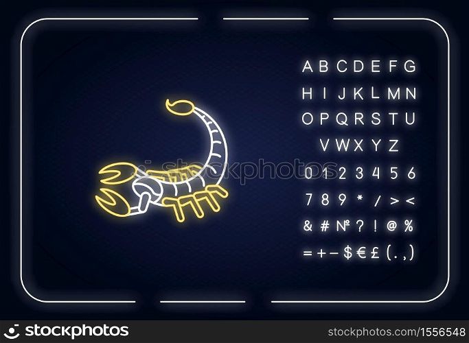 Scorpio zodiac sign neon light icon. Outer glowing effect. Astrological scorpion sign with alphabet, numbers and symbols. Dangerous predatory arachnid. Vector isolated RGB color illustration. Scorpio zodiac sign neon light icon