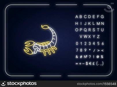 Scorpio zodiac sign neon light icon. Outer glowing effect. Astrological scorpion sign with alphabet, numbers and symbols. Dangerous predatory arachnid. Vector isolated RGB color illustration. Scorpio zodiac sign neon light icon