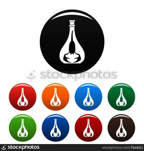 Scorpion bottle icons set 9 color vector isolated on white for any design. Scorpion bottle icons set color