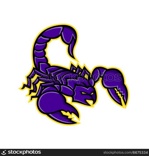 Scorpion With Stinger Mascot. Mascot icon illustration of a scorpion, a predatory arachnid of the order Scorpiones, with sting in it&rsquo;s tail or venomous stinger about to strike on isolated background in retro style.. Scorpion With Stinger Mascot