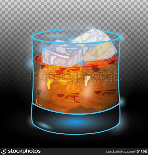 Scotch on rocks transparent.Neon cocktail with light glowing isolated on black background. Illustration of alcohol drink with transparency effect.